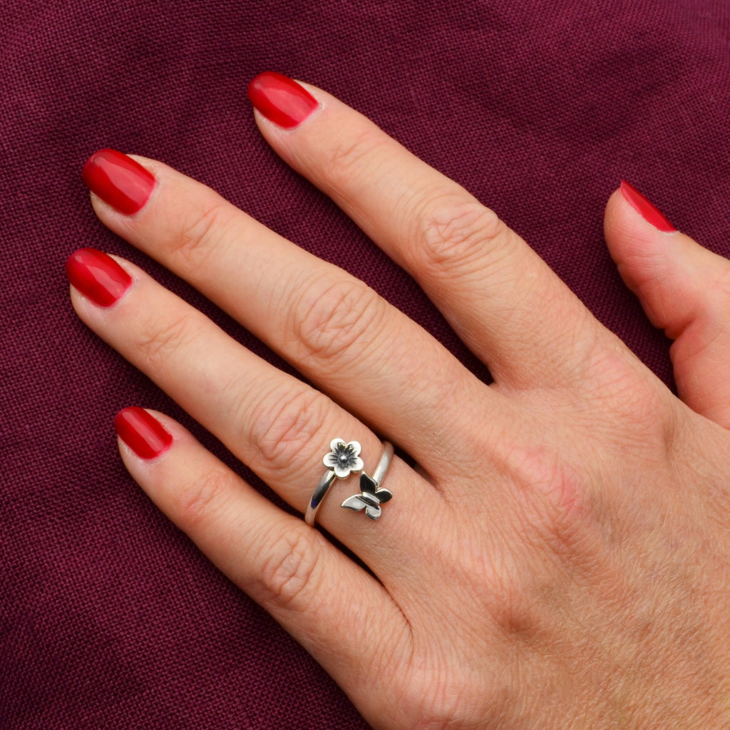 Butterfly and Flower Adjustable Ring: Recycled Sterling Silver