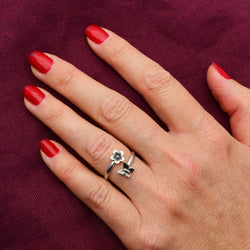Butterfly and Flower Adjustable Ring: Recycled Sterling Silver