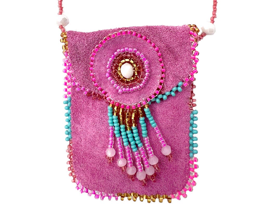 Suede Beaded Seed Bead Fringe Medicine Pouch Necklace Bag