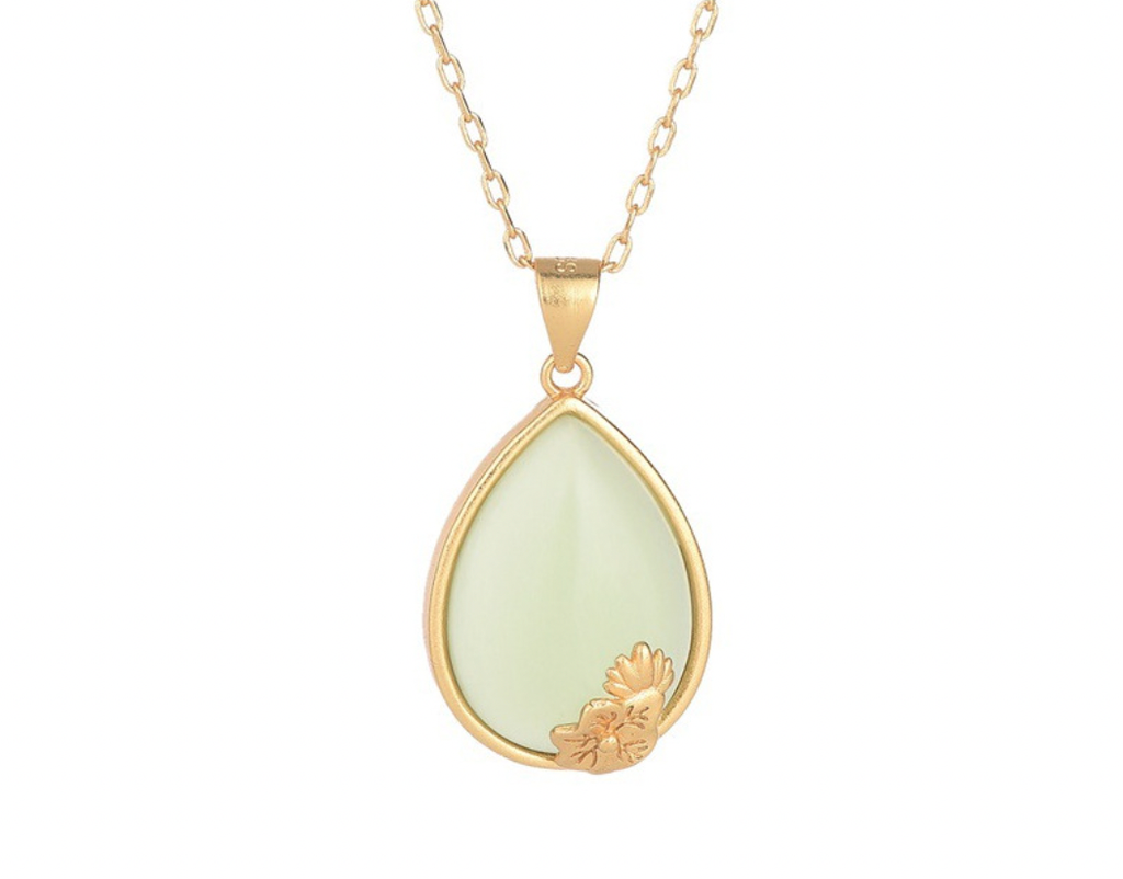 Golden  Lotus With Leaves  On Jade Necklace