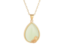 Golden  Lotus With Leaves  On Jade Necklace