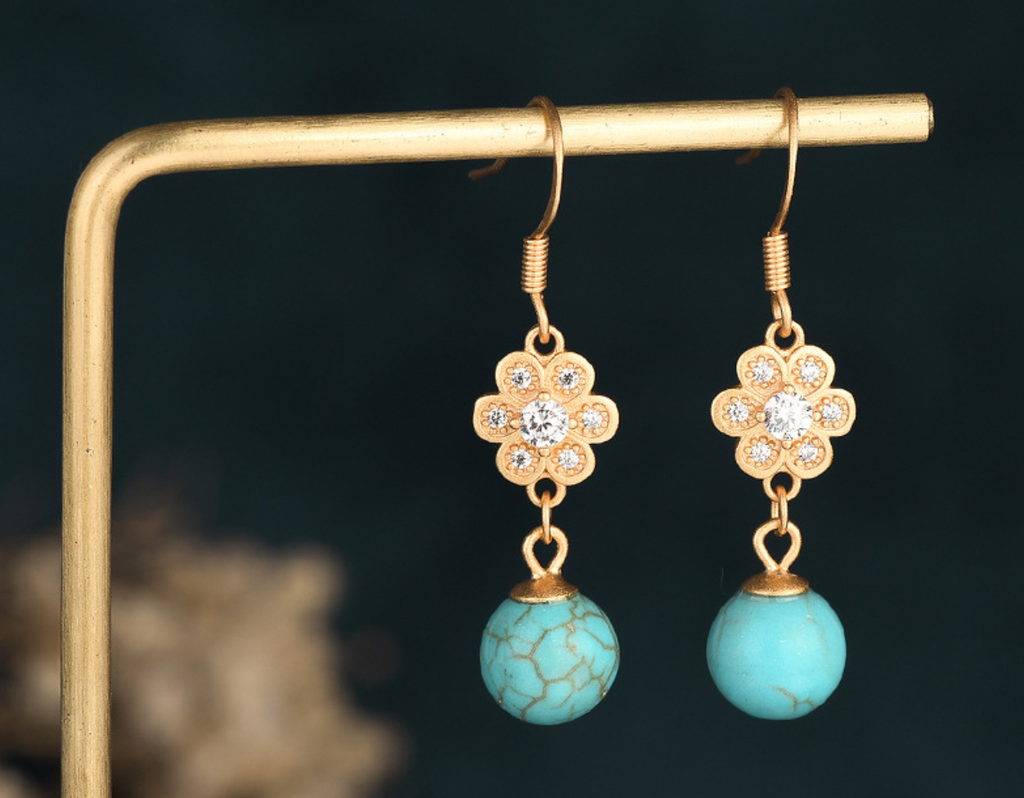 Turquoise with Crystal Flowers Earrings