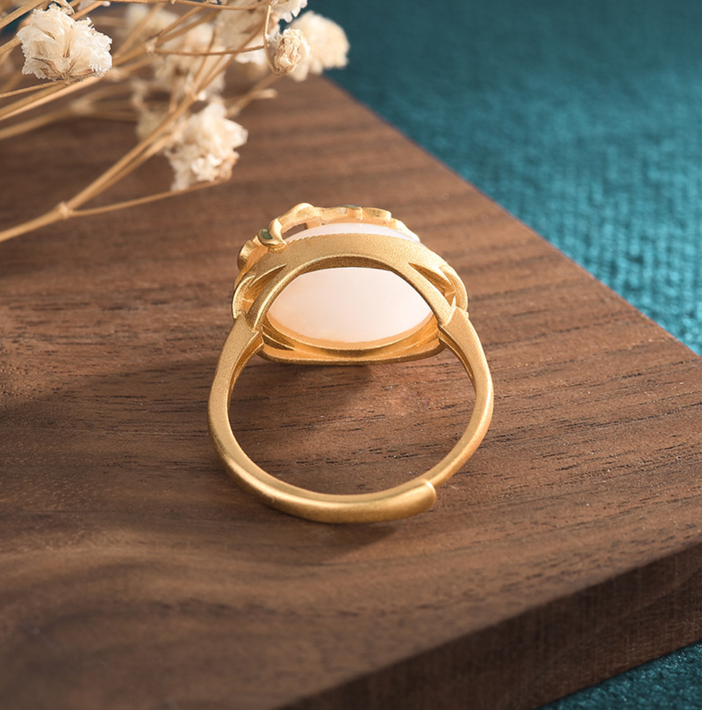 Enamel Leaves Over Jade Open Ring