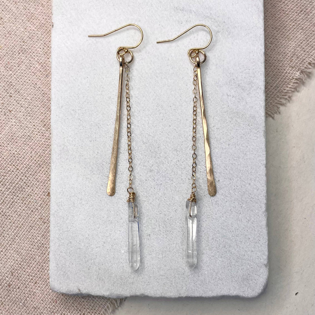 Hammered Stick and Quartz Earrings