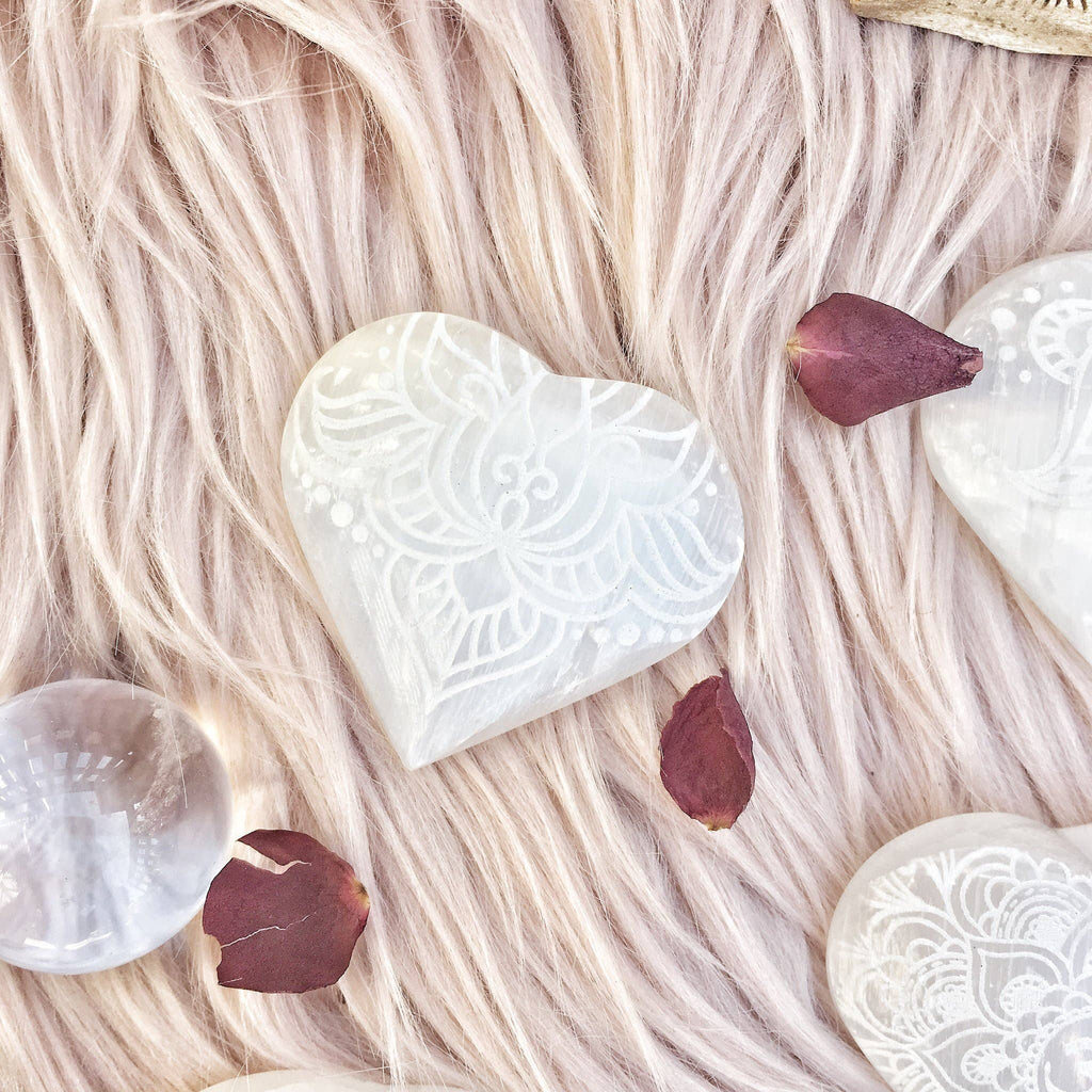 Etched Selenite Heart Crystal 