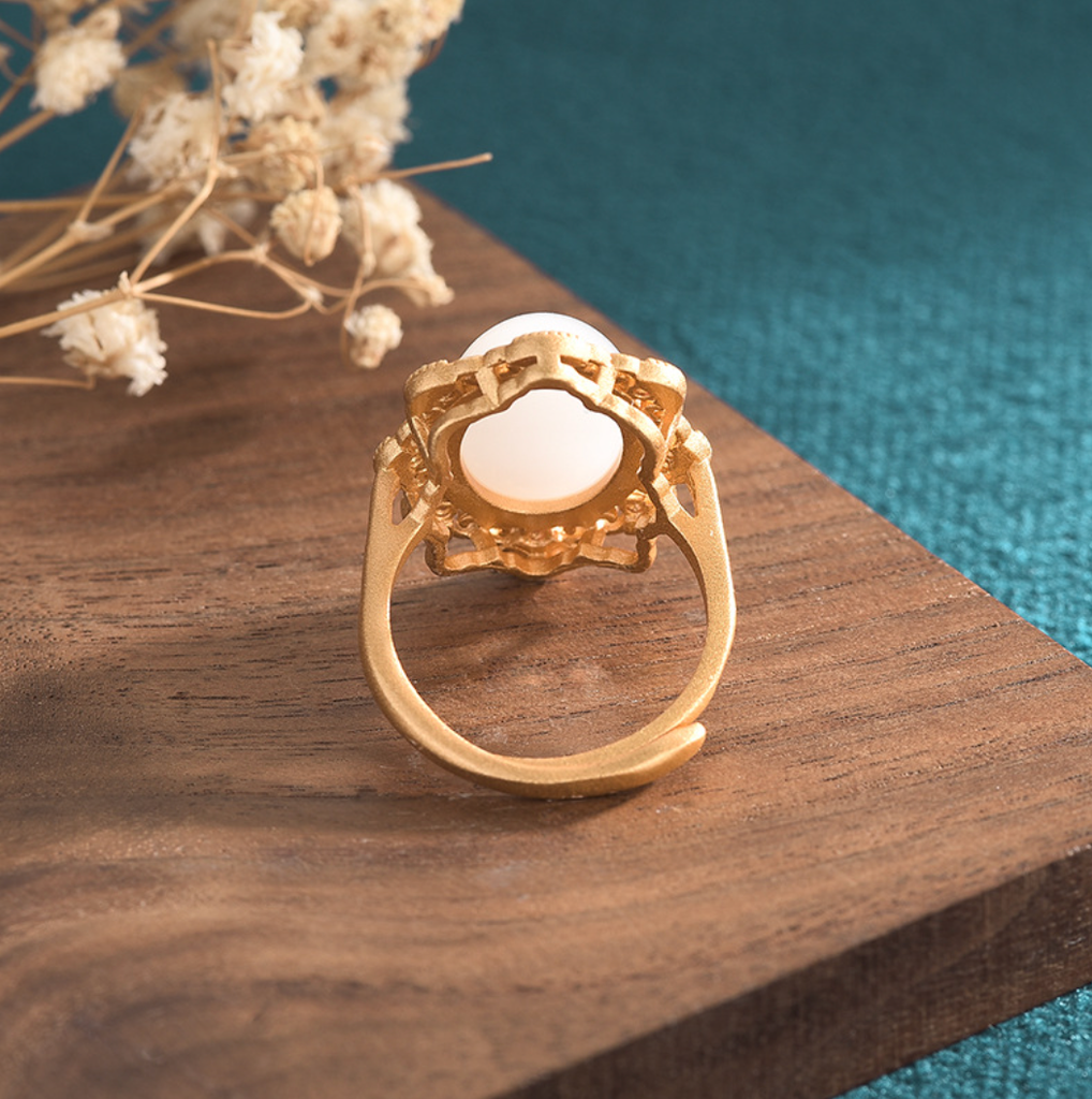 Chinese Style Enamel Crown Jade Open Ring