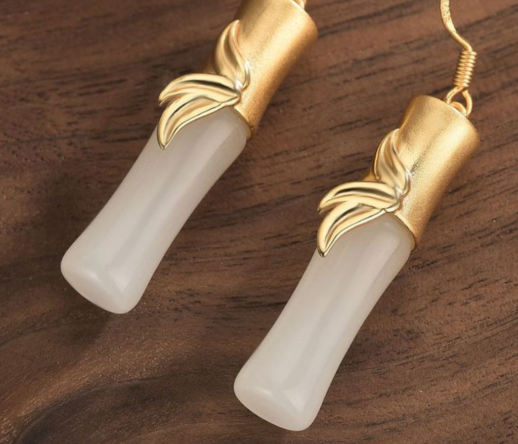 Gold Inlaid with Jade Earrings Bamboo Shape