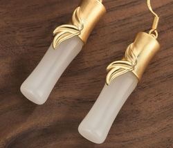 Gold Inlaid with Jade Earrings Bamboo Shape