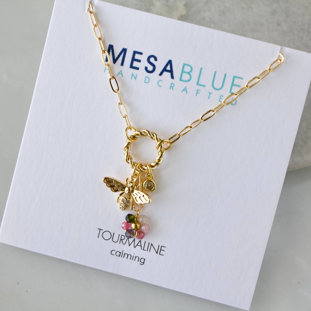 Tourmaline Flower CZ Queen Bee Charm Necklace  