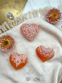 Engraved Peach Selenite Heart Crystal Valentine's Day: Small (~2