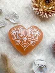 Engraved Peach Selenite Heart Crystal Valentine's Day: Small (~2