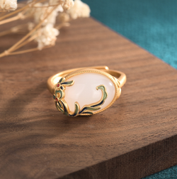 Enamel Leaves Over Jade Open Ring