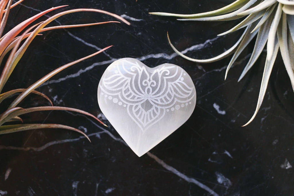 Etched Selenite Heart Crystal 