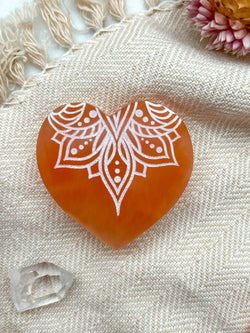 Engraved Peach Selenite Heart Crystal Valentine's Day: Small (~2