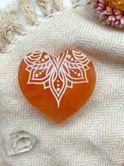 Engraved Peach Selenite Heart Crystal Valentine's Day: Small (~2