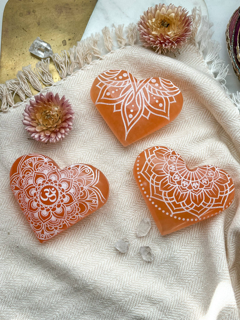 Engraved Peach Selenite Heart Crystal Valentine's Day: Small (~2