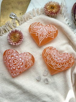 Engraved Peach Selenite Heart Crystal Valentine's Day: Small (~2