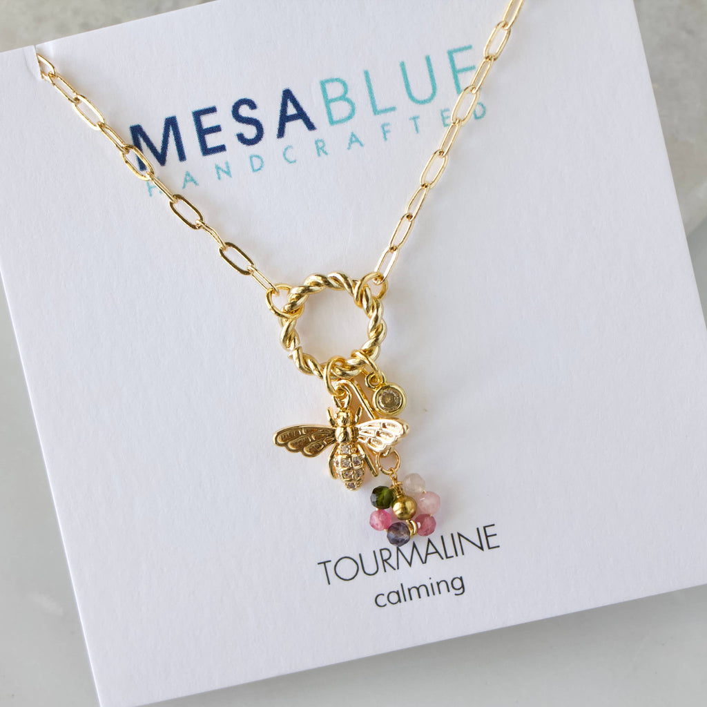 Tourmaline Flower CZ Queen Bee Charm Necklace  