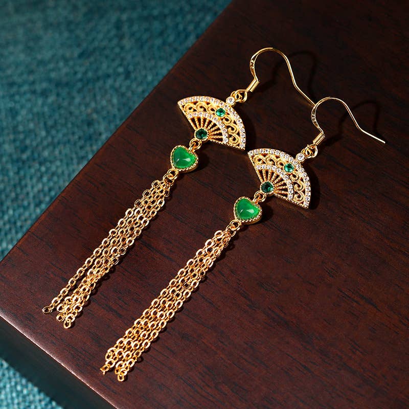 Lux Fan with Golden Tassel Earrings