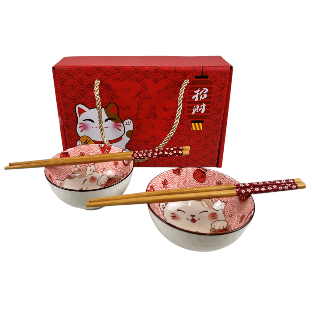 Maneki Neko Lucky Cat Double Rice Set of 10oz 4.5