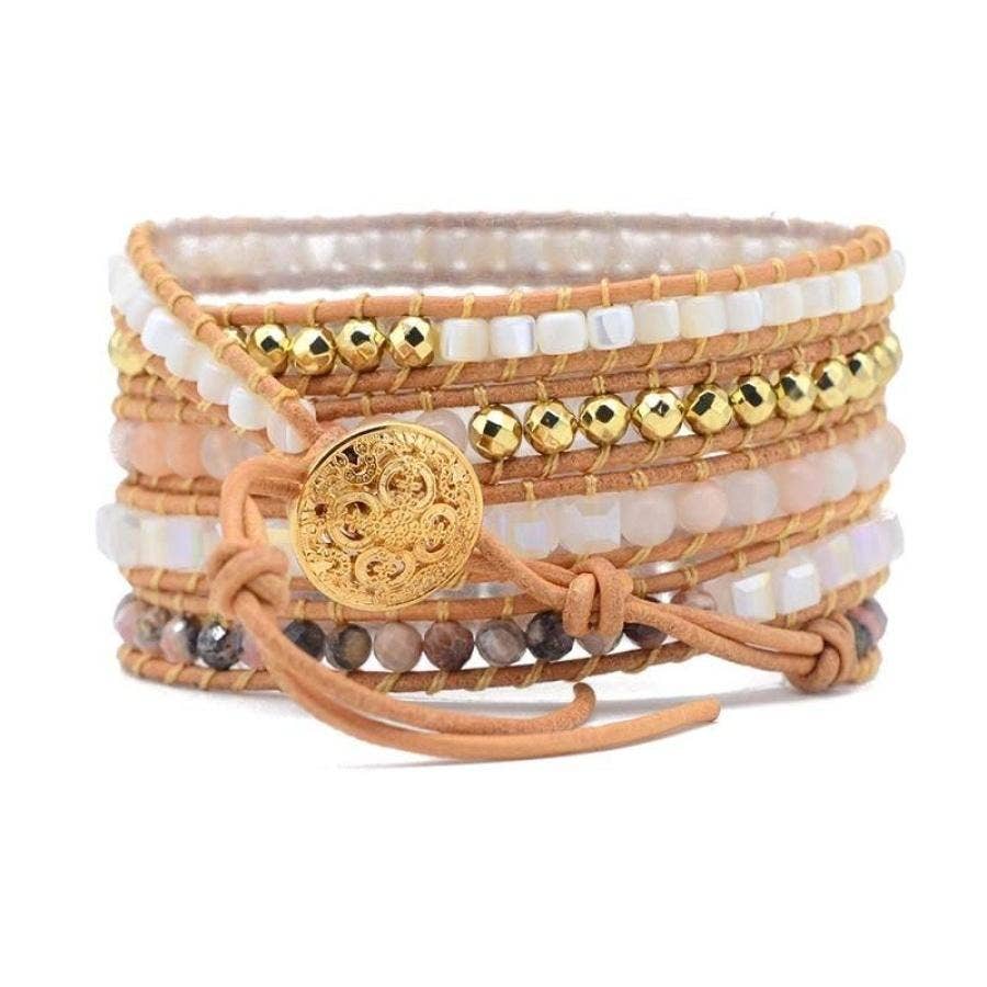 White Selenite & Rhodochrosite Wrap Bracelet