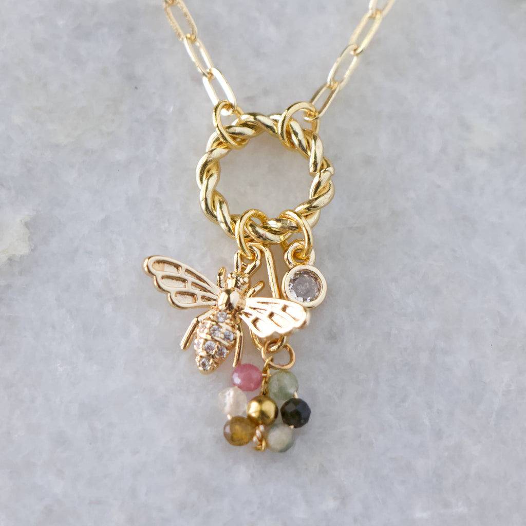 Tourmaline Flower CZ Queen Bee Charm Necklace  
