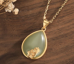 Golden  Lotus With Leaves  On Jade Necklace