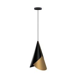 Cornet Hardwired Cone Pendant in Black and Brass, Black Cord