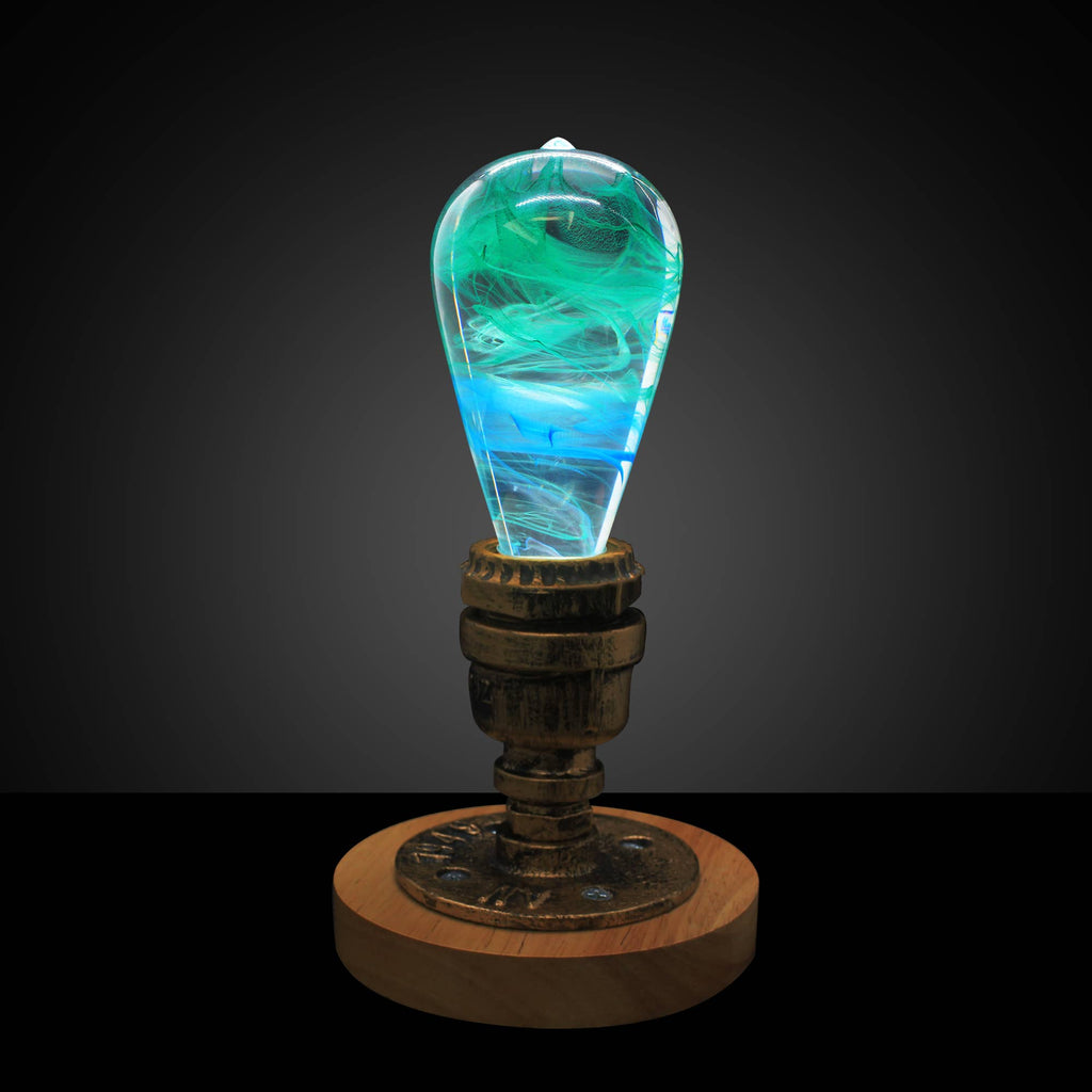 Handmade Resin Spring LED Light Bulb: Square Wooden Base Only
