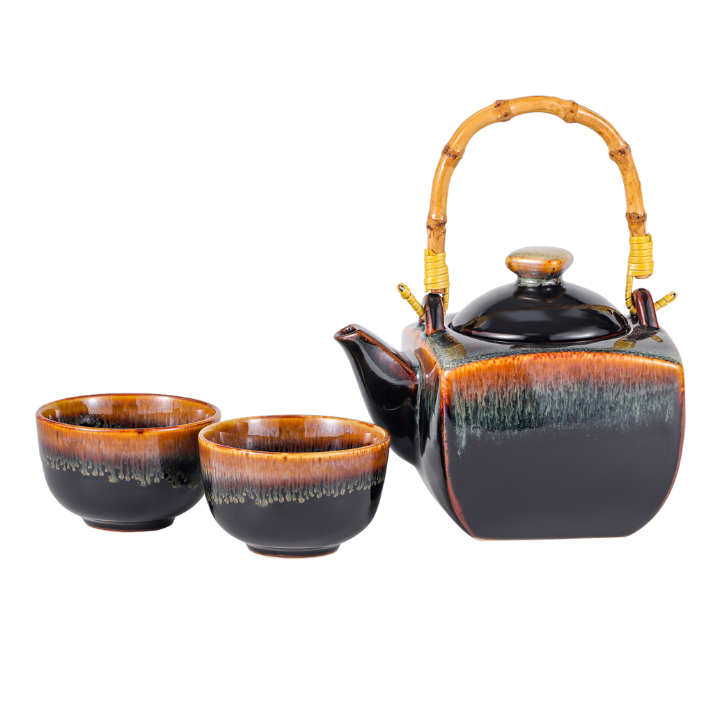 Black Brown Reactive Glaze Tea Set 32oz Tea Pot with 2 Cups (1/12)
