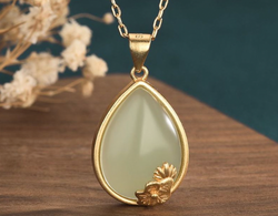 Golden  Lotus With Leaves  On Jade Necklace