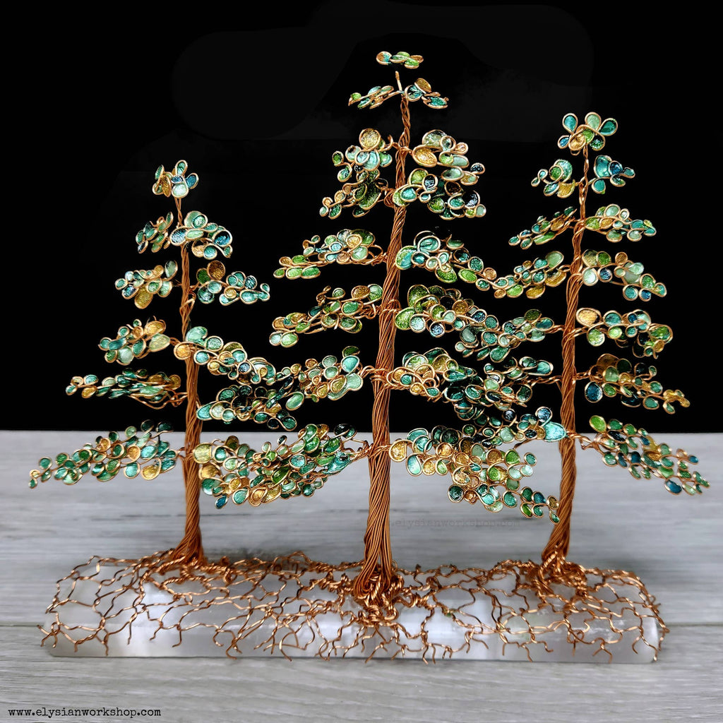 Copper Wire Autumn Forest Sculpture on Selenite Crystal