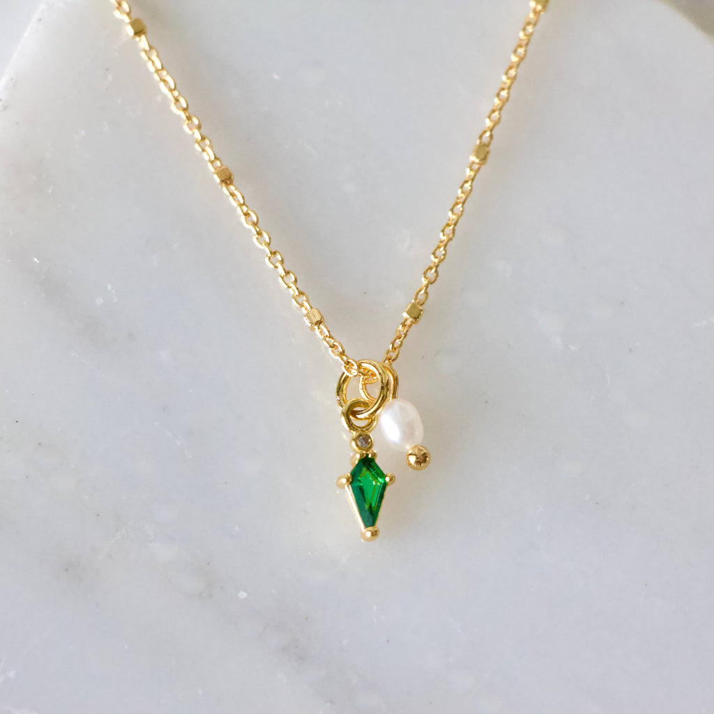Mini Pearl and Emerald Drop Necklace