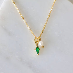 Mini Pearl and Emerald Drop Necklace