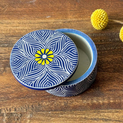 Soapstone Blue Round Box with Yellow Flower Accent