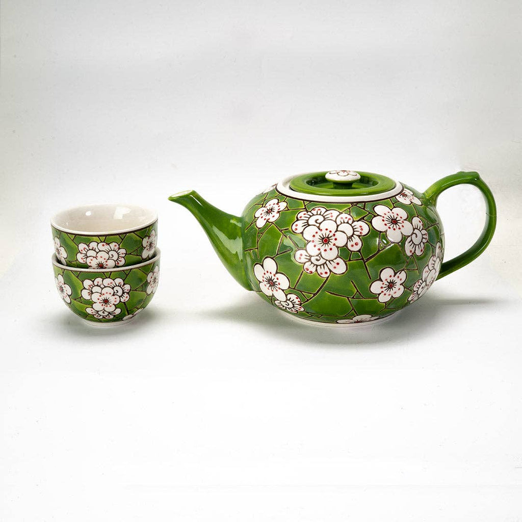 Ume Plum Blossoms Green Tea Set 26oz Tea Pot with 2 Cups (1/8)