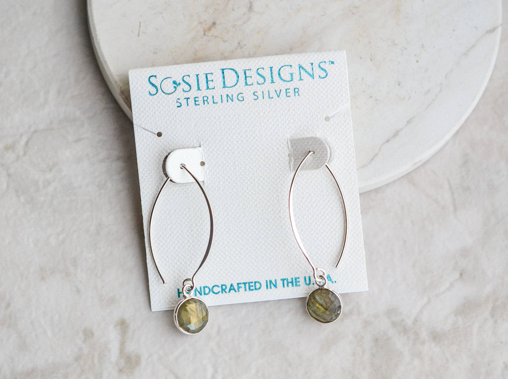 Silver Medium Marquis Round Gemstone Earrings - Labradorite