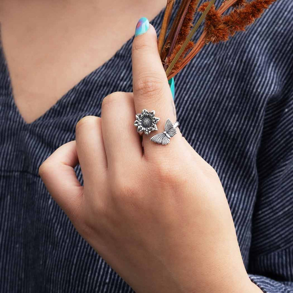Sterling Silver Dahlia and Butterfly Adjustable Ring
