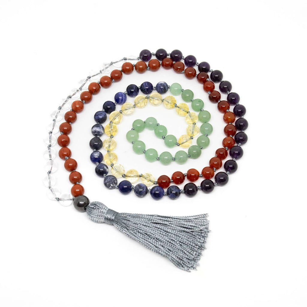 Real Gemstone Chakra Knotted 108 Bead Mala Prayer Beads 8mm