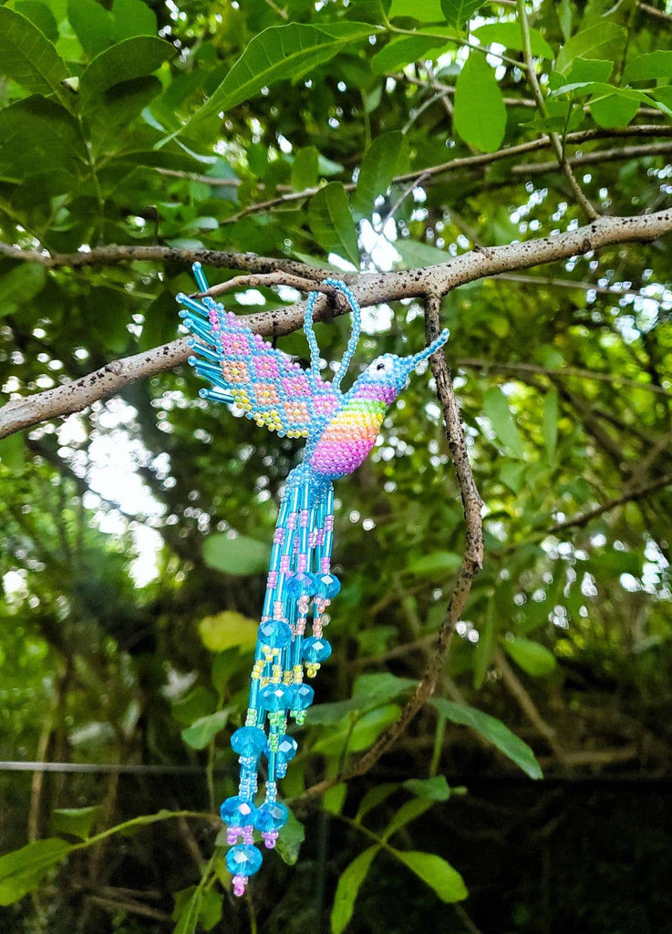 Beaded Hummingbird Figurine Seed Bead Fringe Dangle Ornament