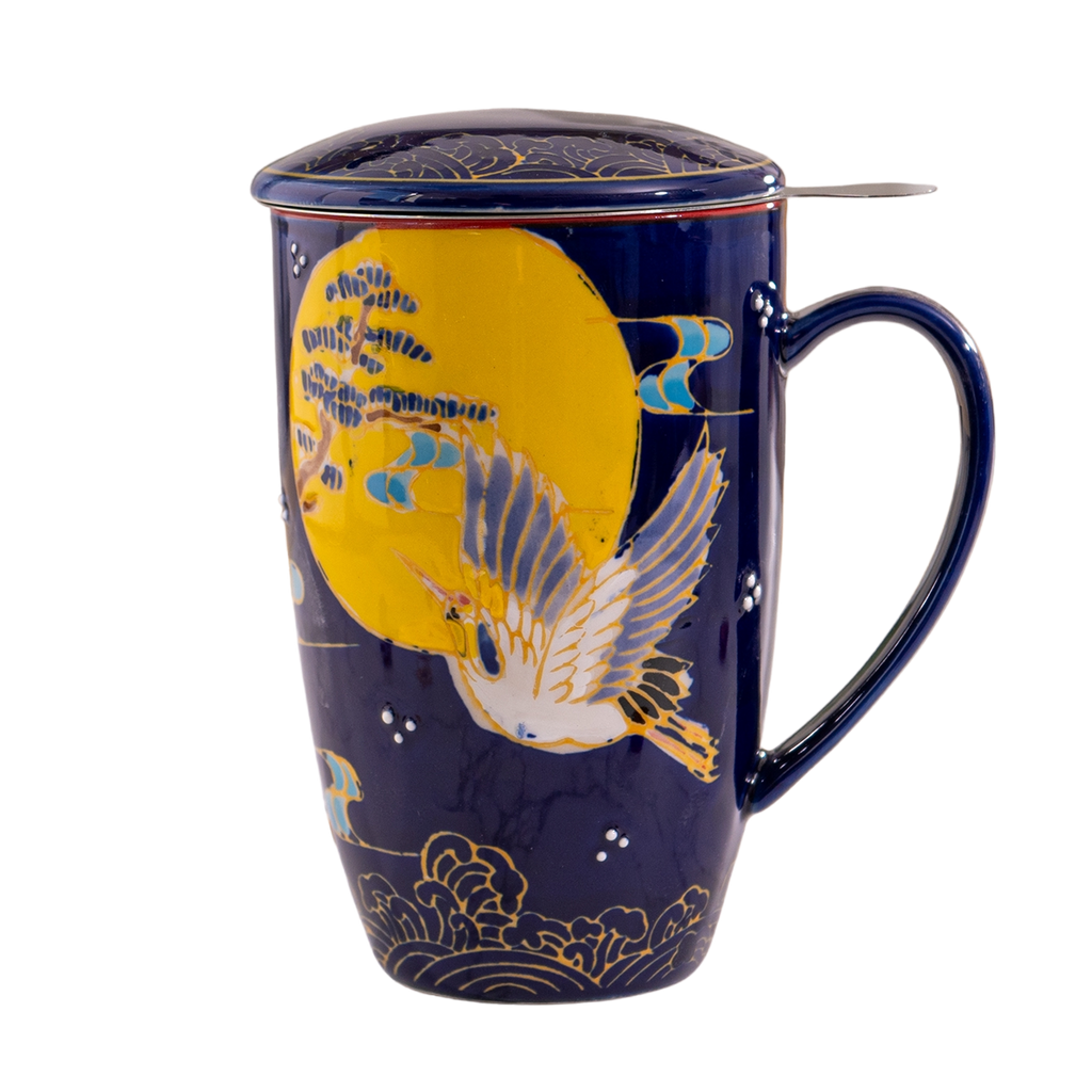 Japanese Crane Design 15oz Tea Mugs with Lid and Infuser