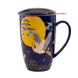 Japanese Crane Design 15oz Tea Mugs with Lid and Infuser