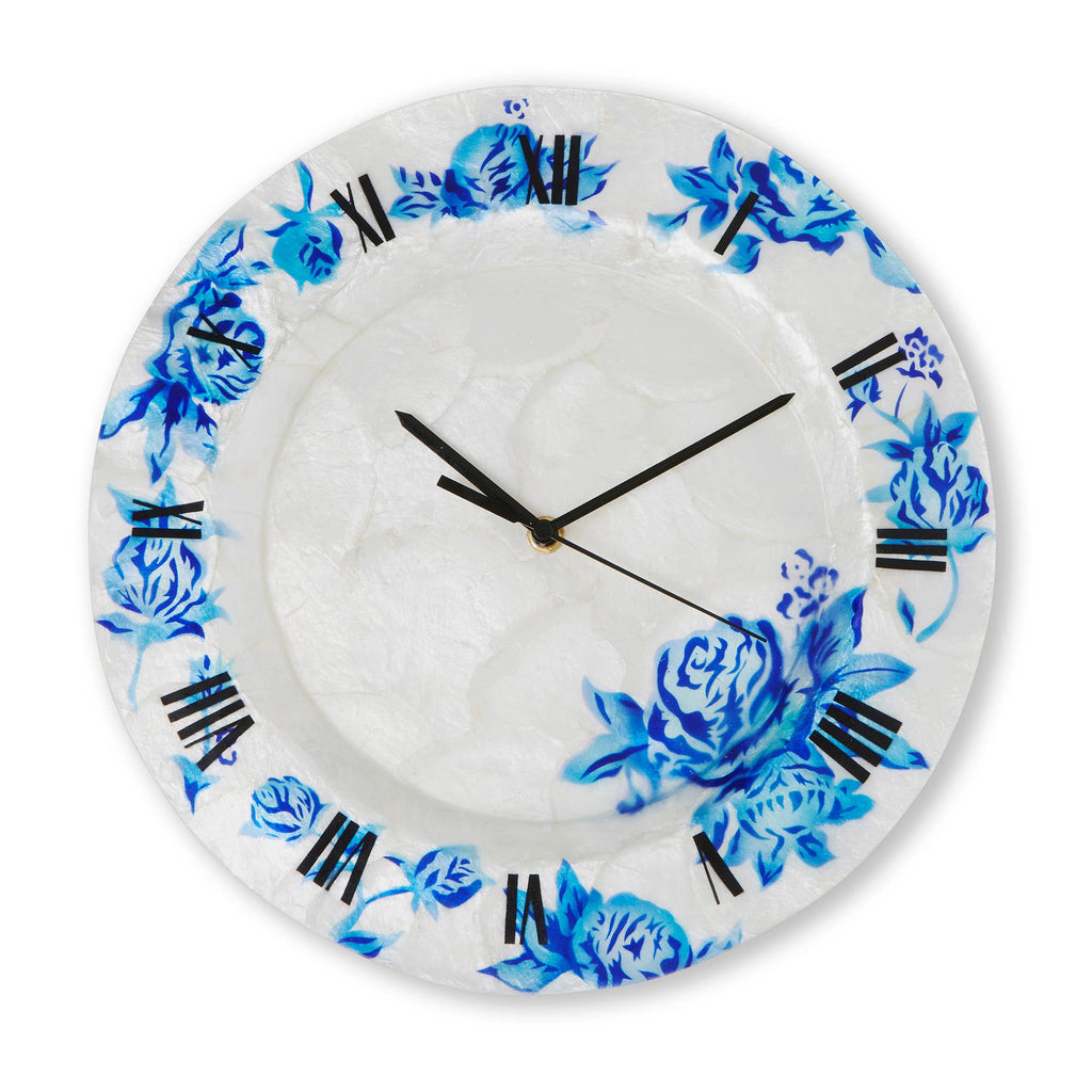 Clock Wall Decor With Blue Flowers, Compressed Capiz, Indoor