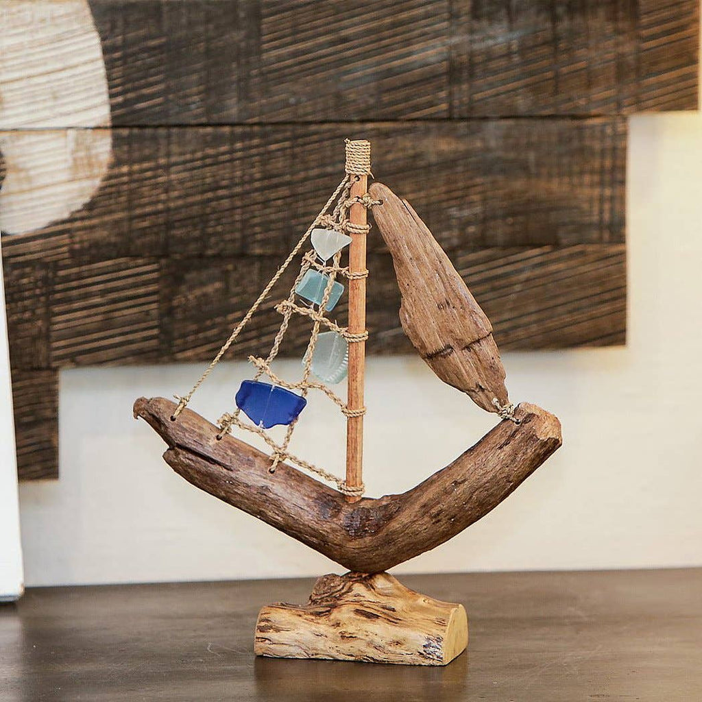 Driftwood Boat with Multi Color Recycled Bottles: Small 13