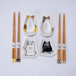 4 Pair Cute Cats Wooden Chopsticks and Sauce Dish Gift Set (1/20)