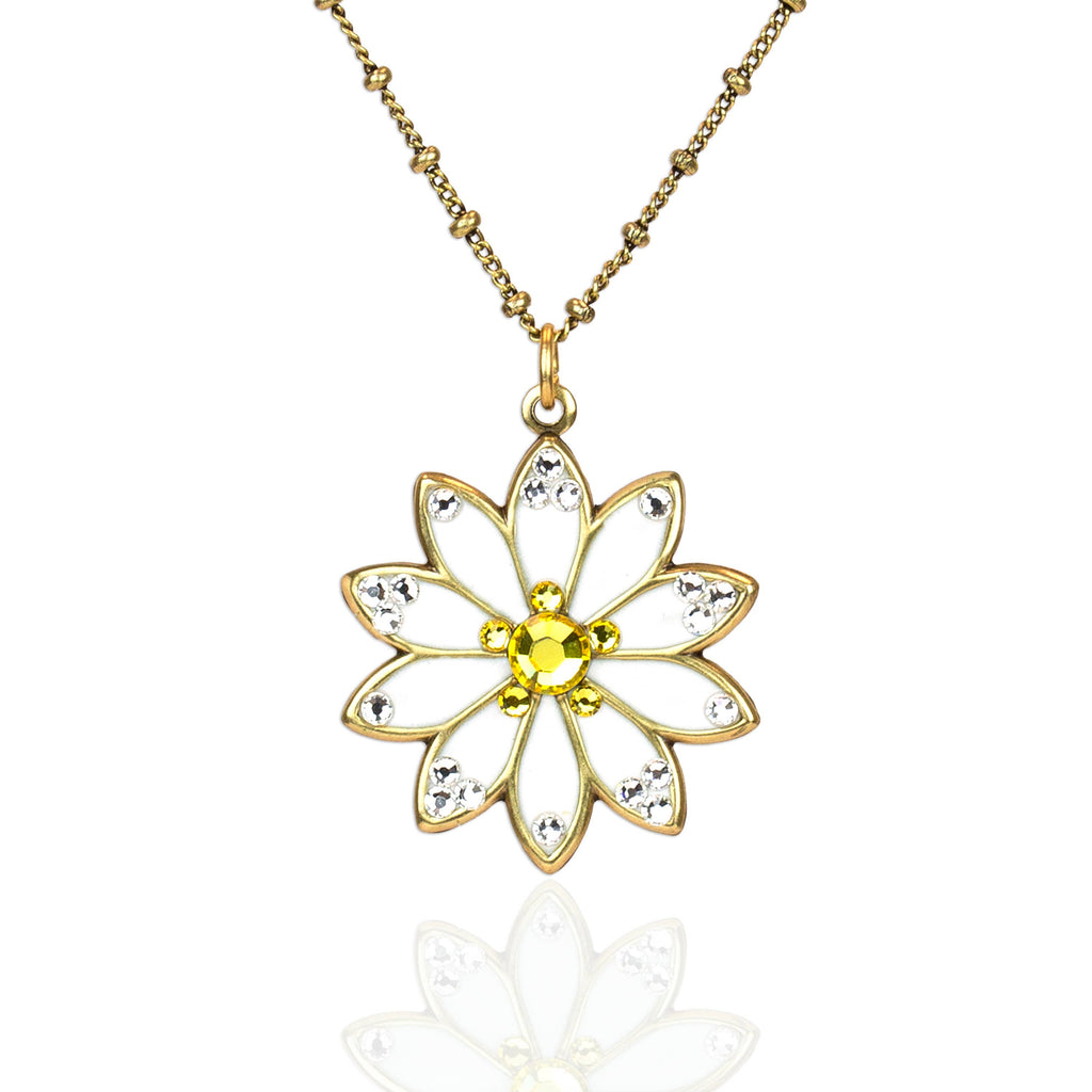 New Beginnings Pure White Daisy Flower Crystal Necklace