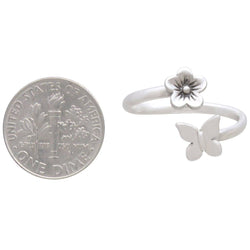 Butterfly and Flower Adjustable Ring: Recycled Sterling Silver