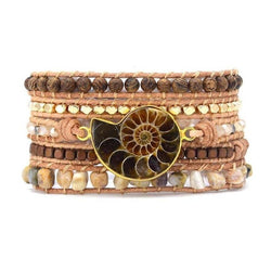 Natural Ammonite Fossil, Sunstone and Wood Beaded Wrap Brace