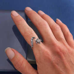 Sterling Silver or Bronze Sea Turtle & Wave Adjustable Ring: Sterling Silver