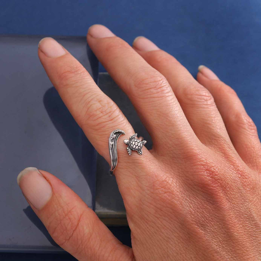 Sterling Silver or Bronze Sea Turtle & Wave Adjustable Ring: Bronze
